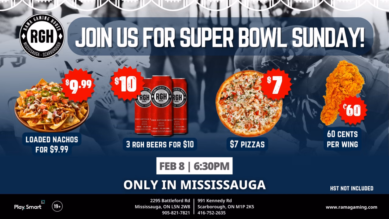 Super bowl at Rama Gaming House offering 60 cents wings,, $7 pizza, $10 RGH Beer